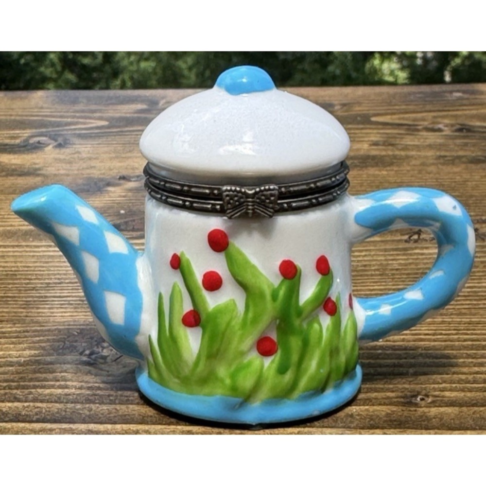 Teapot Pill Box Hinged Porcelain Trinket Box Blue White Miniature Decor